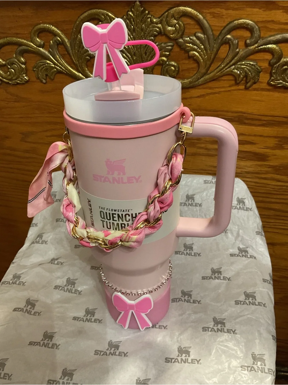 Stanley Pink Kids Quench Tumbler with Bow Charm and Braided Strap